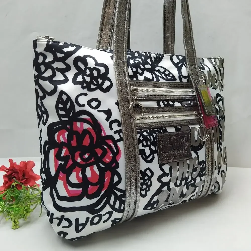 Coach Poppy Multicolor Satin Leather Trim Zipper Pocket Tote Shoulder Bag